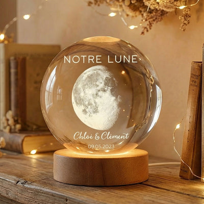 Veilleuse Boule de Cristal LED Personnalisée - Phase de Lune de Votre Jour Spécial - Cadeau pour Couple