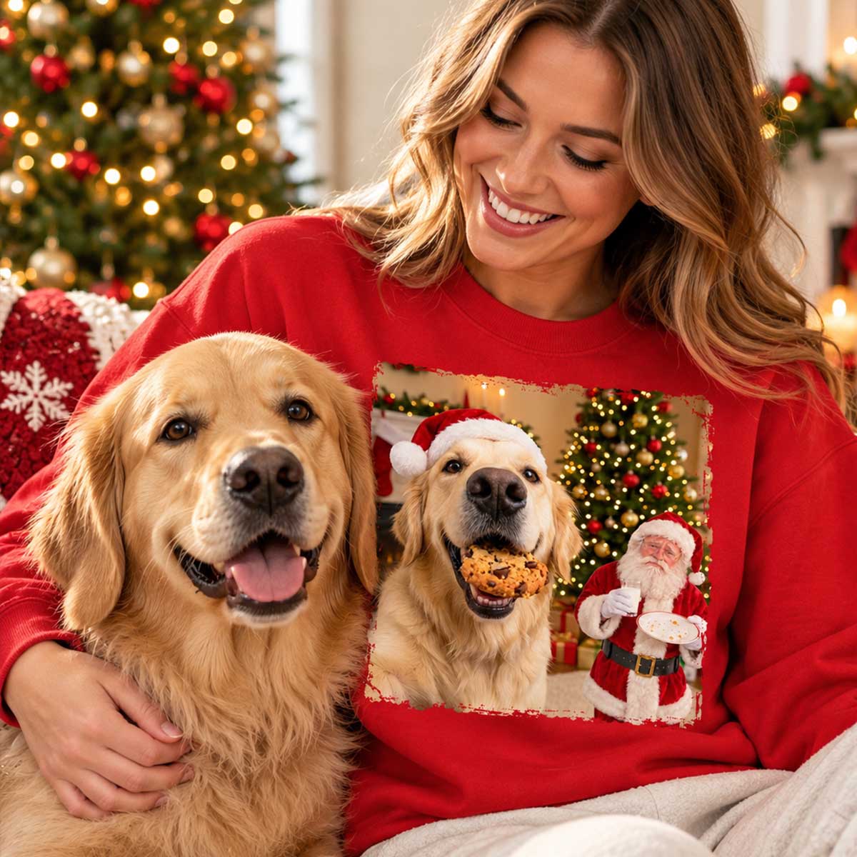 Dog Steal Cookie From Santa Upload Pet Photo - Personalized Shirt - Funny Gift For Dog Lovers