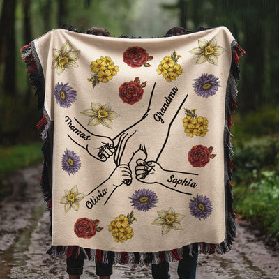 Birth Month Flower Grandma Mom And Kids Holding Hands Personalized Tapestry Woven Blanket