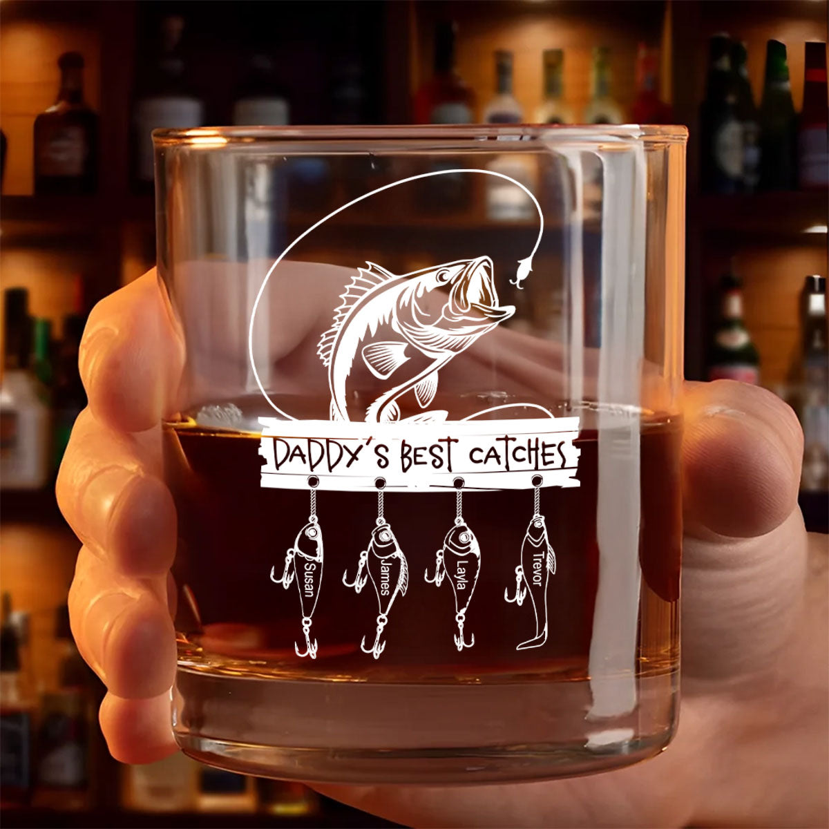 Daddy Grandpa Best Catch Personalized Whiskey Glass, Father's Day gift for Fishing Dad