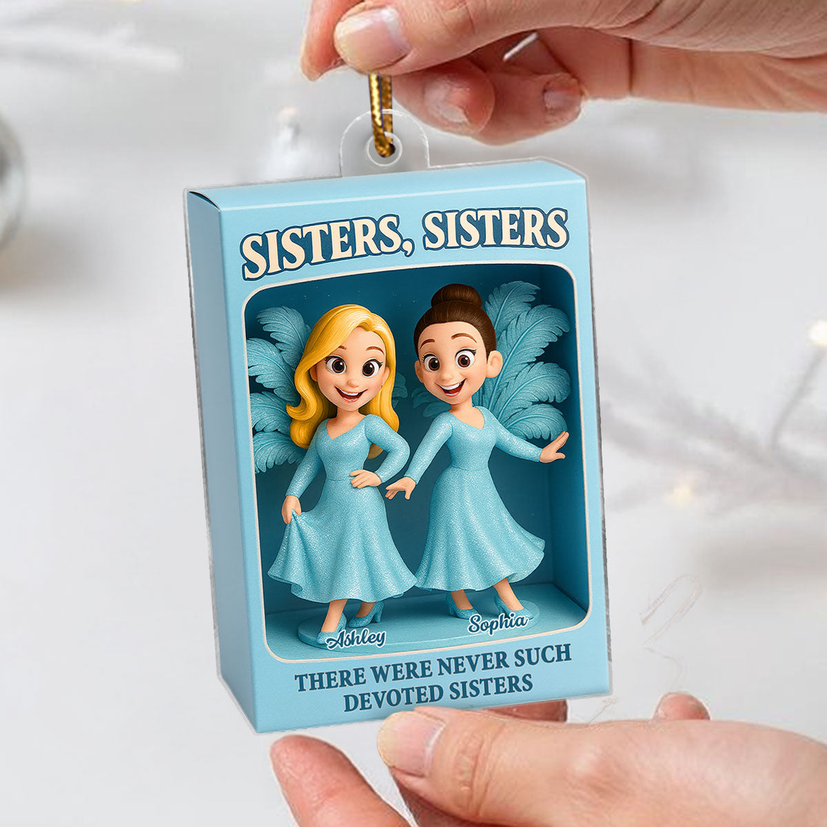 Sisters Besties in Blue Dress Custom Name Toy Box Figure Style Personalized Acrylic Ornament