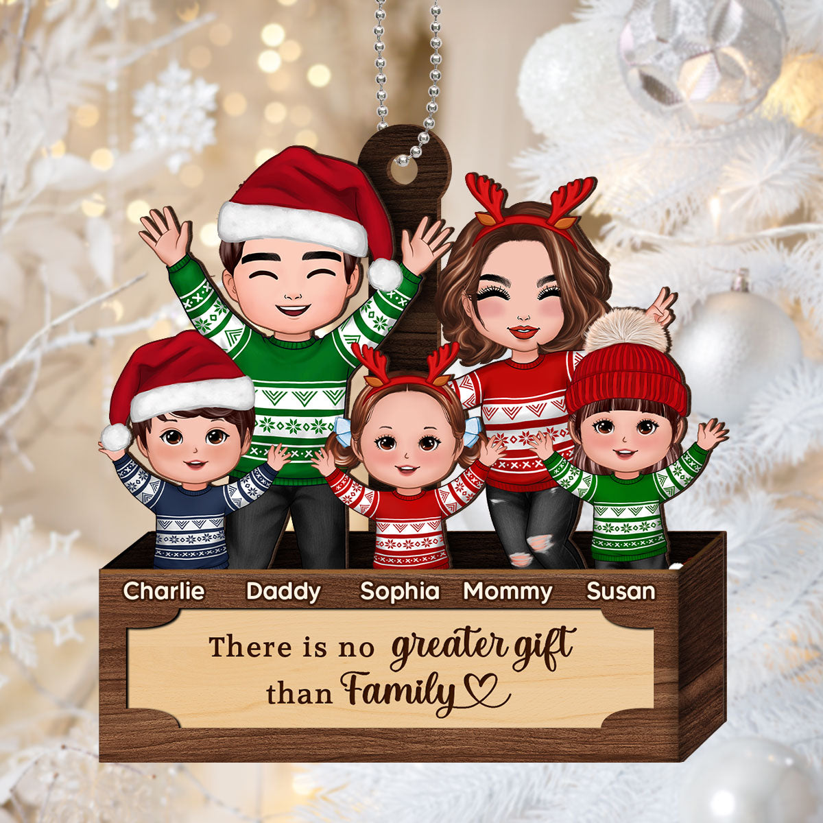 Happy Family In Box Personalized 2-Layer Wooden Ornament, Christmas Gift