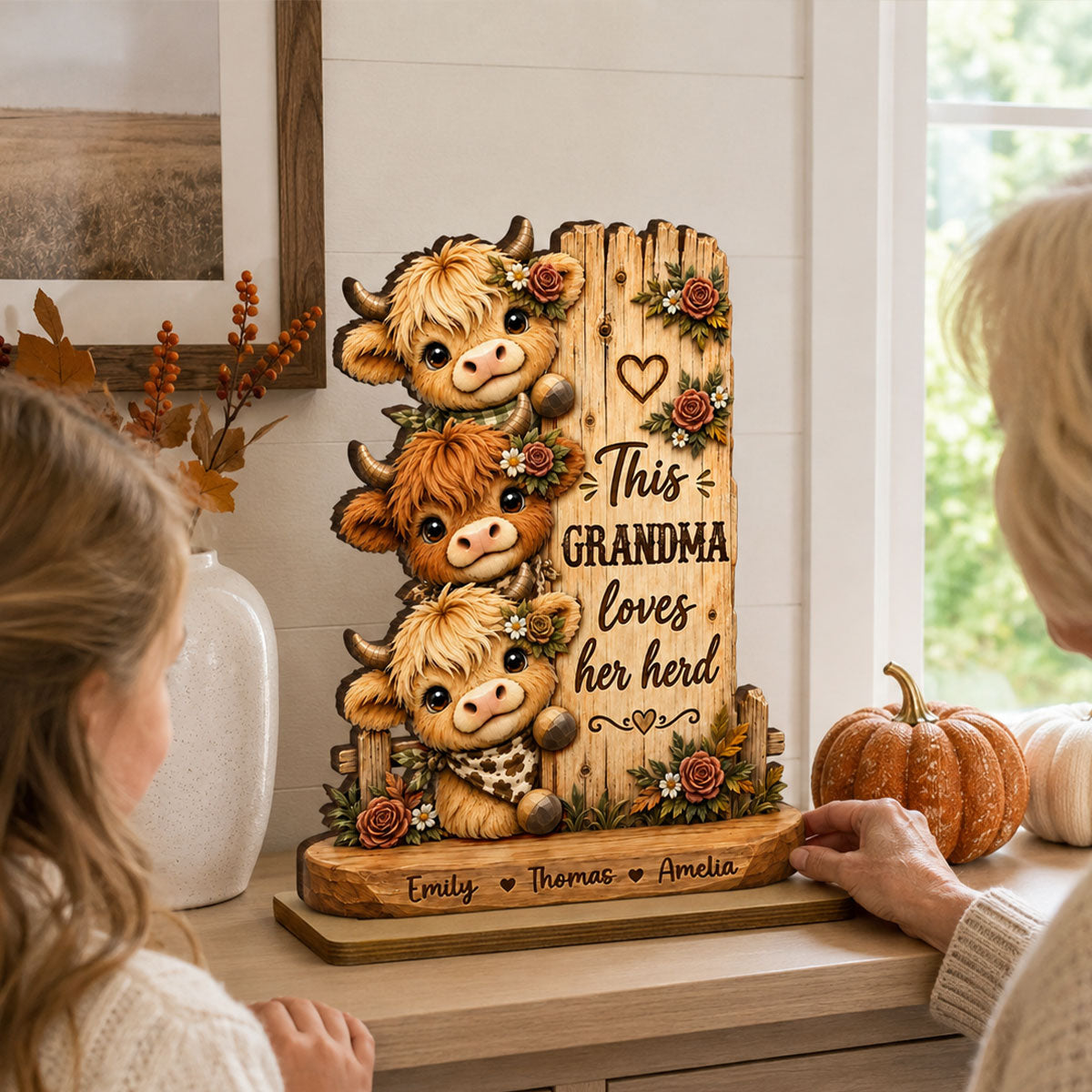 This Grandma Loves Her Herd - Personalized 2-Layered Wooden Plaque - Cozy Fall Decor for Grandma
