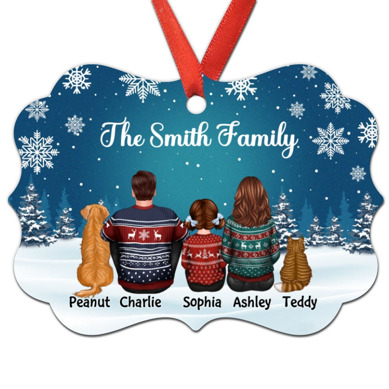 Family Dad Mom Kids Dogs Cats Snow Background Personalized Christmas Ornament