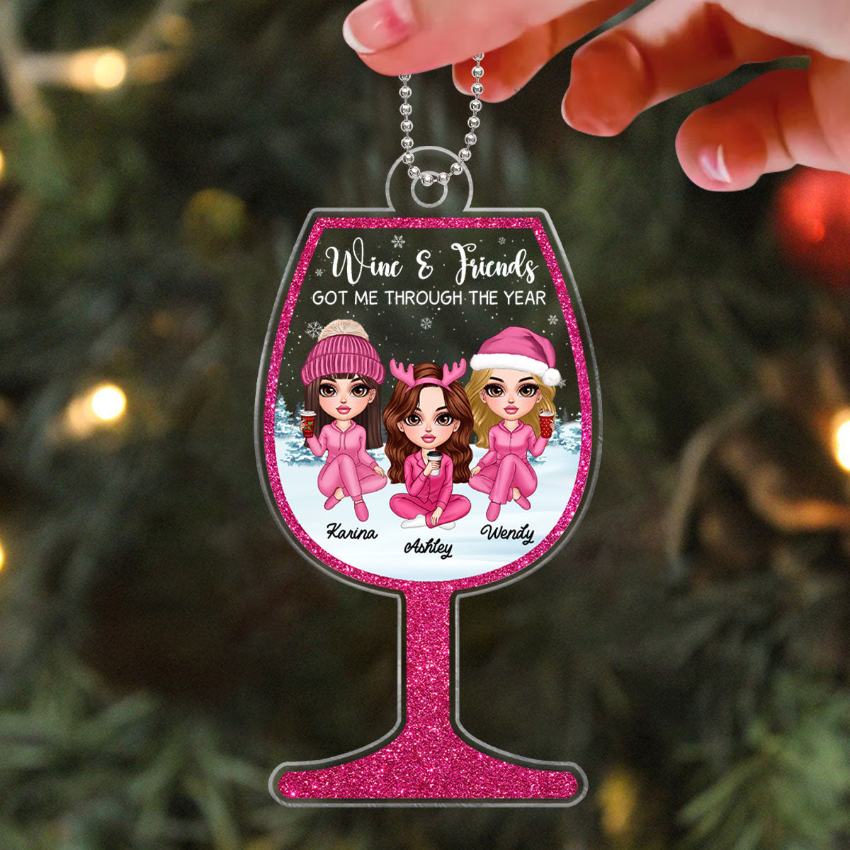 Wine Glass Pink Besties Sisters Personalized Acrylic Ornament, Christmas Gift