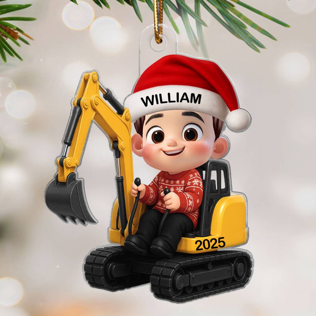 3D Effect Cute Cartoon Kid With Dinosaur Christmas - Personalized Acrylic Ornament - Unique Gift For Grandkids