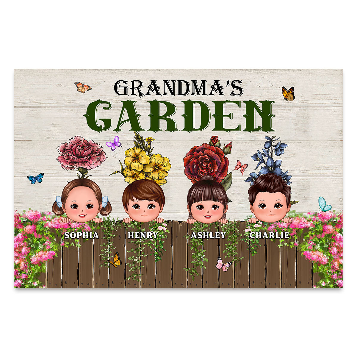 Peeking Kids Grandma‘s Garden Personalized Horizontal Poster