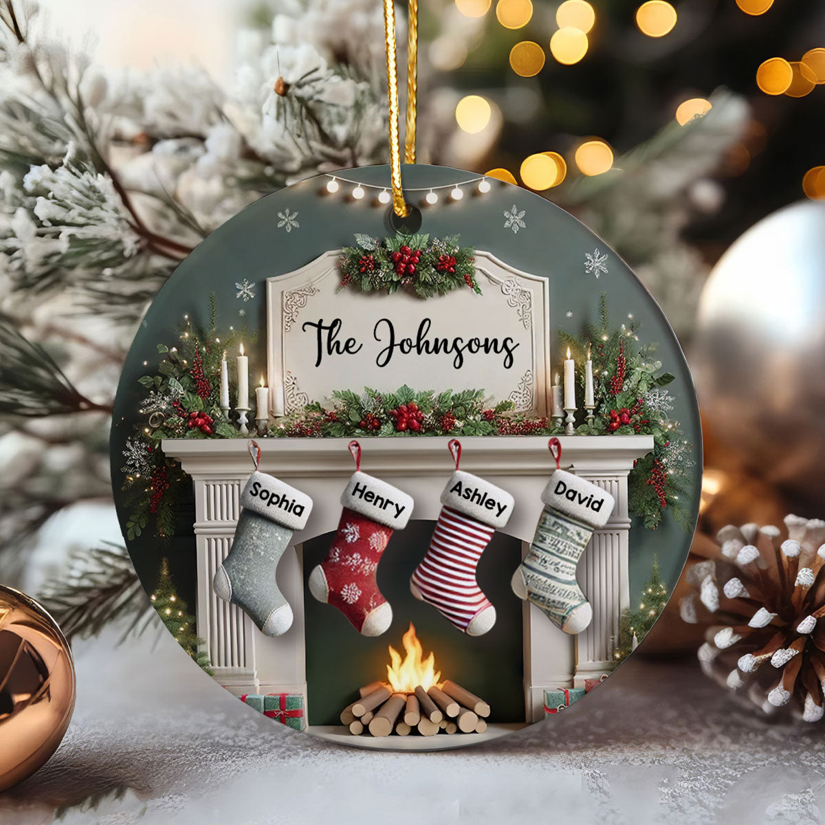 Family Christmas Fireplace With Stockings Personalized Ceramic Ornament