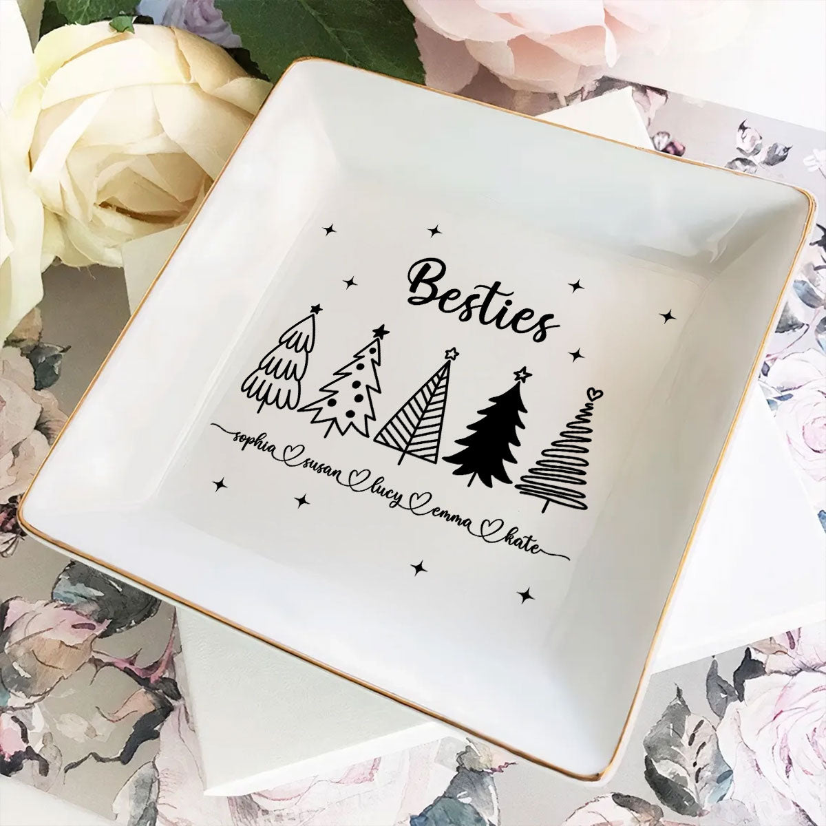 Christmas Trees Outline Besties Sisters Personalized Jewelry Dish, Bridesmaid Gift, Best Friend Flower Ring Dish, Gift for Bestie, Christmas Gifts
