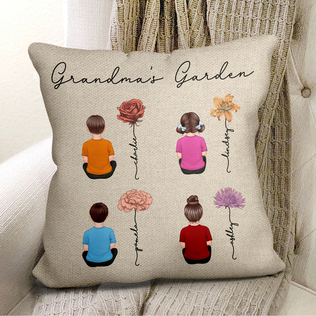 Grandkids Sitting Grandma Garden Vintage Birth Month Flowers Personalized Pillow