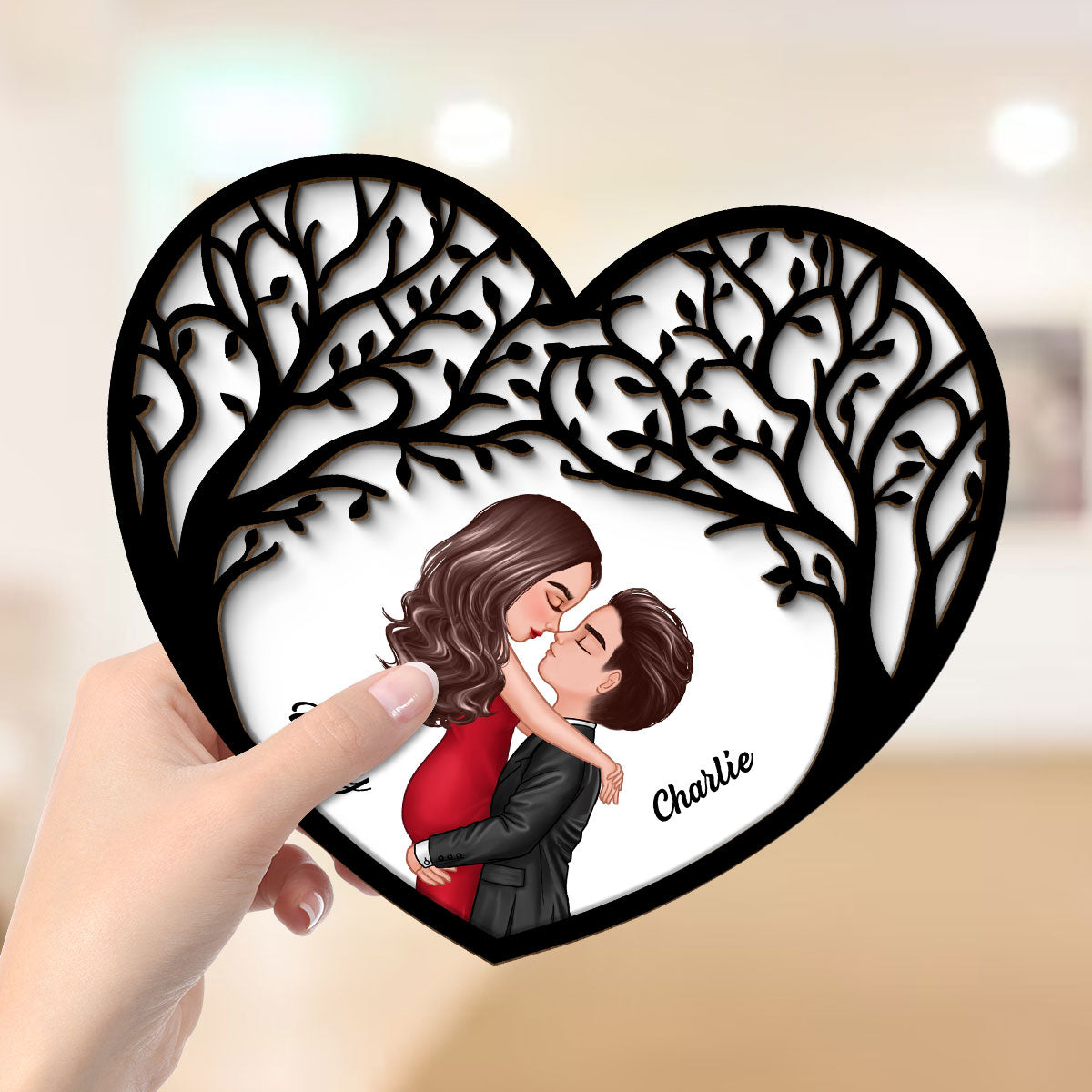 Couple Kissing Under Tree Canopy Heart Personalized 2-layer Wooden Plaque, Gift For Him, For Her