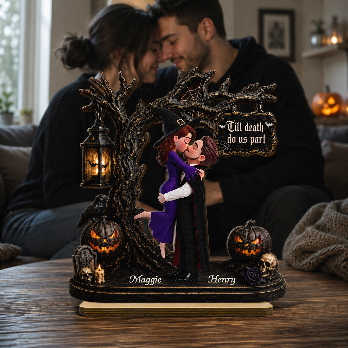 Couple Hugging Under Spooky Halloween Tree 2D Flat - Personalized 2-Layer Wooden Plaque - Tabletop Tier Tray Wicca Pagan Decor