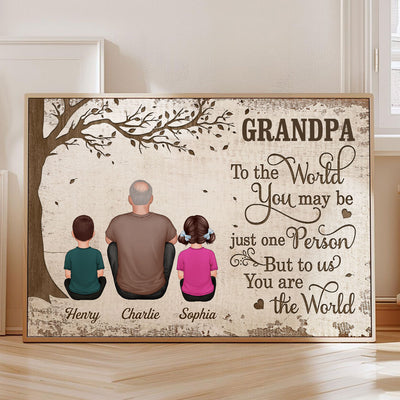 Grandpa And Kids Dogs Cats Sitting Under Tree Personalized Poster, Gift For Grandpa