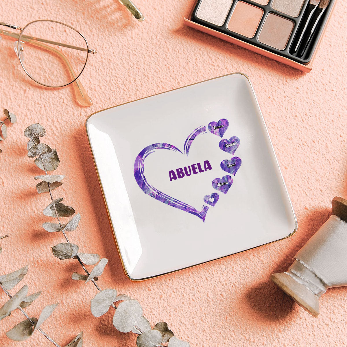 Grandma Mom Hearts Marble Patterned Personalized Jewelry Dish, Birthday Gift for Grandma, Christmas Gift