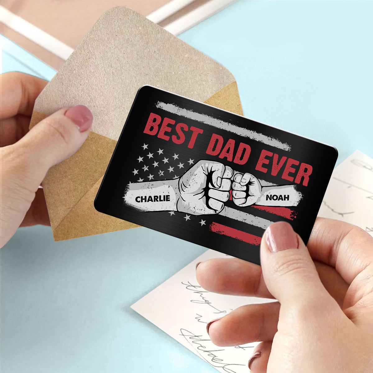 Best Dad Grandpa Ever Flag Punch Hand Wallet Insert Personalized Metal Wallet Card