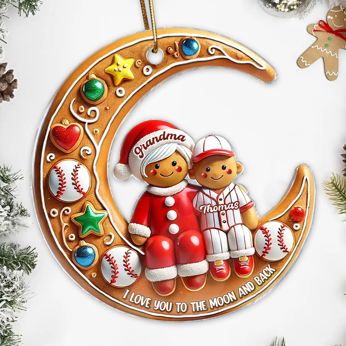 3D Effect Baseball Grandma & Grandkid On The Moon Personalized Acrylic Ornament, Christmas Gift For Grandkids