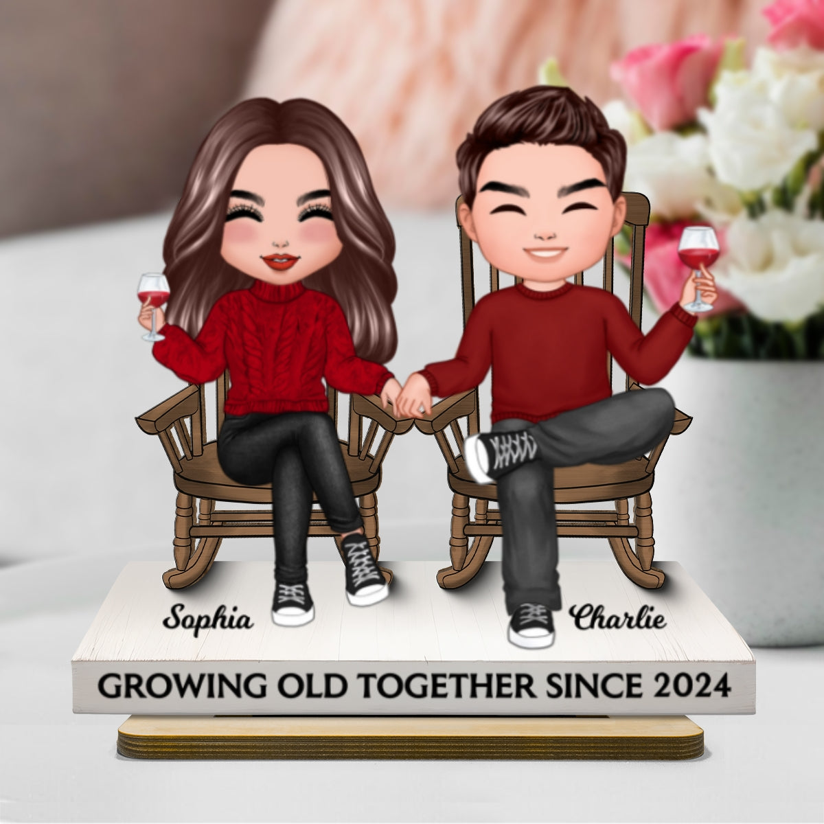 Couple Sitting On Rocking Chairs Personalized 2-Layer Standing Wooden Plaque, Heartfelt Gift For Couple, For Him, For Her, Husband, Wife
