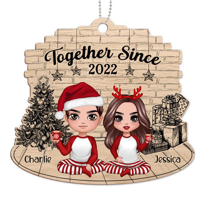 Christmas Sketch Background Pajamas Doll Couple Sitting Personalized Wooden Ornament