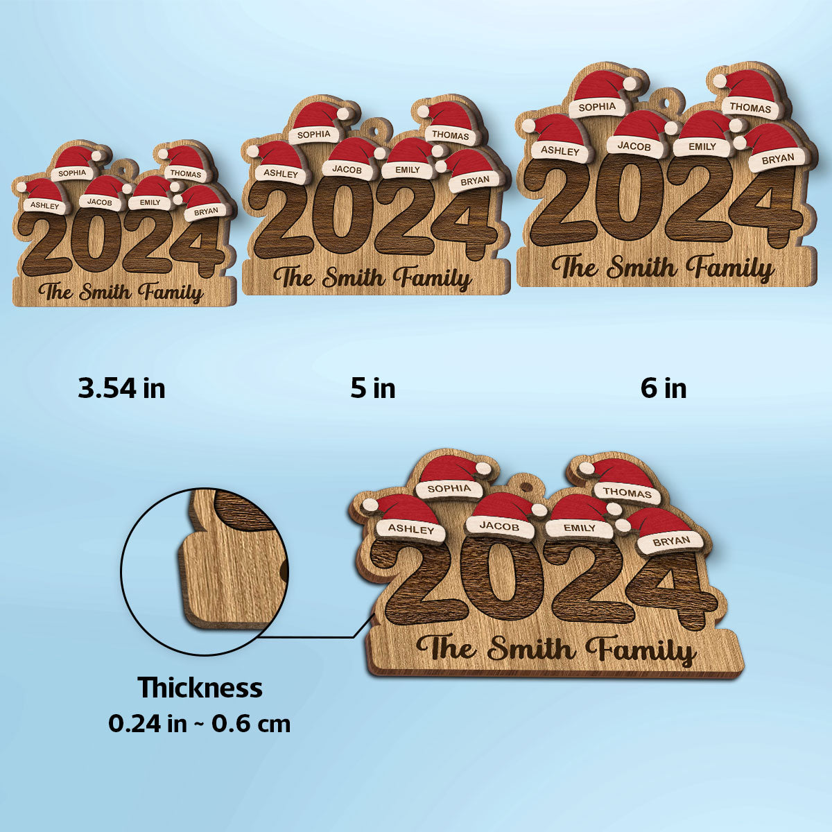 2024 Family Members Names Christmas Hat Personalized 2-Layer Wooden Ornament