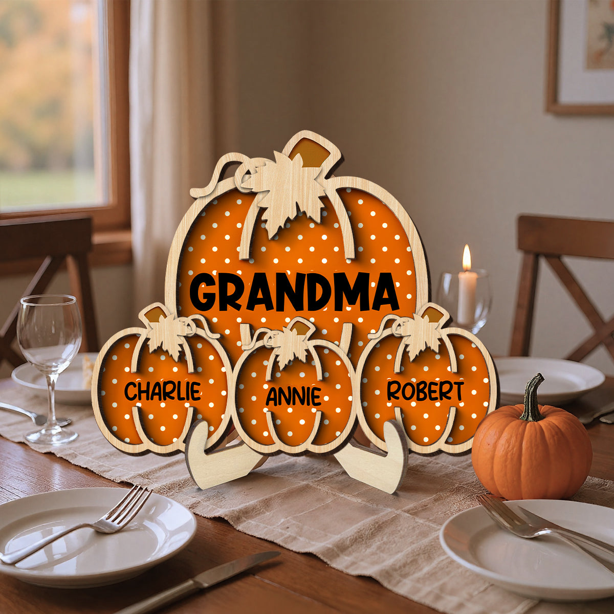 Fall Season Grandma Little Pumpkins Polka Dot Pattern Personalized 2-Layer Wooden Plaque