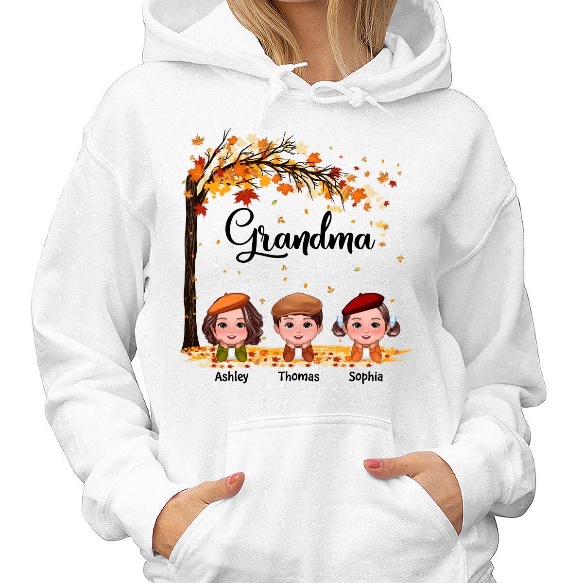 Fall Season Kids Laying On Leaves Grandma Mom Personalized Shirt