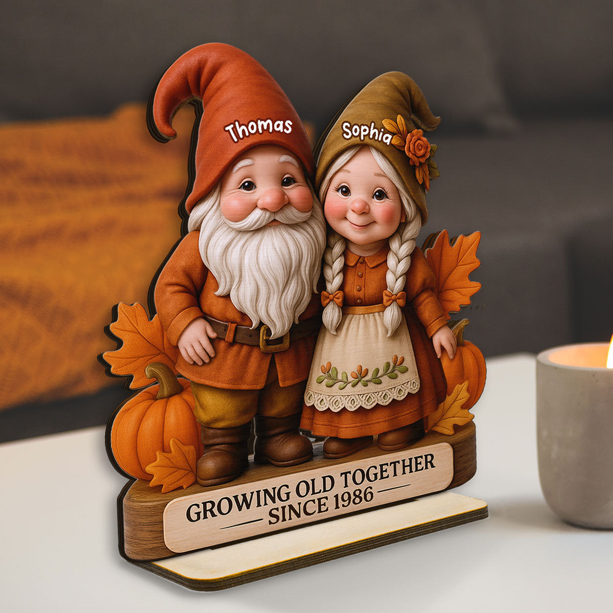 3D Effect Fall Season Gnome Couple Personalized Standing Wooden Plaque| Anniversary Gift, Birthday Gift, Wedding Gift For Couple