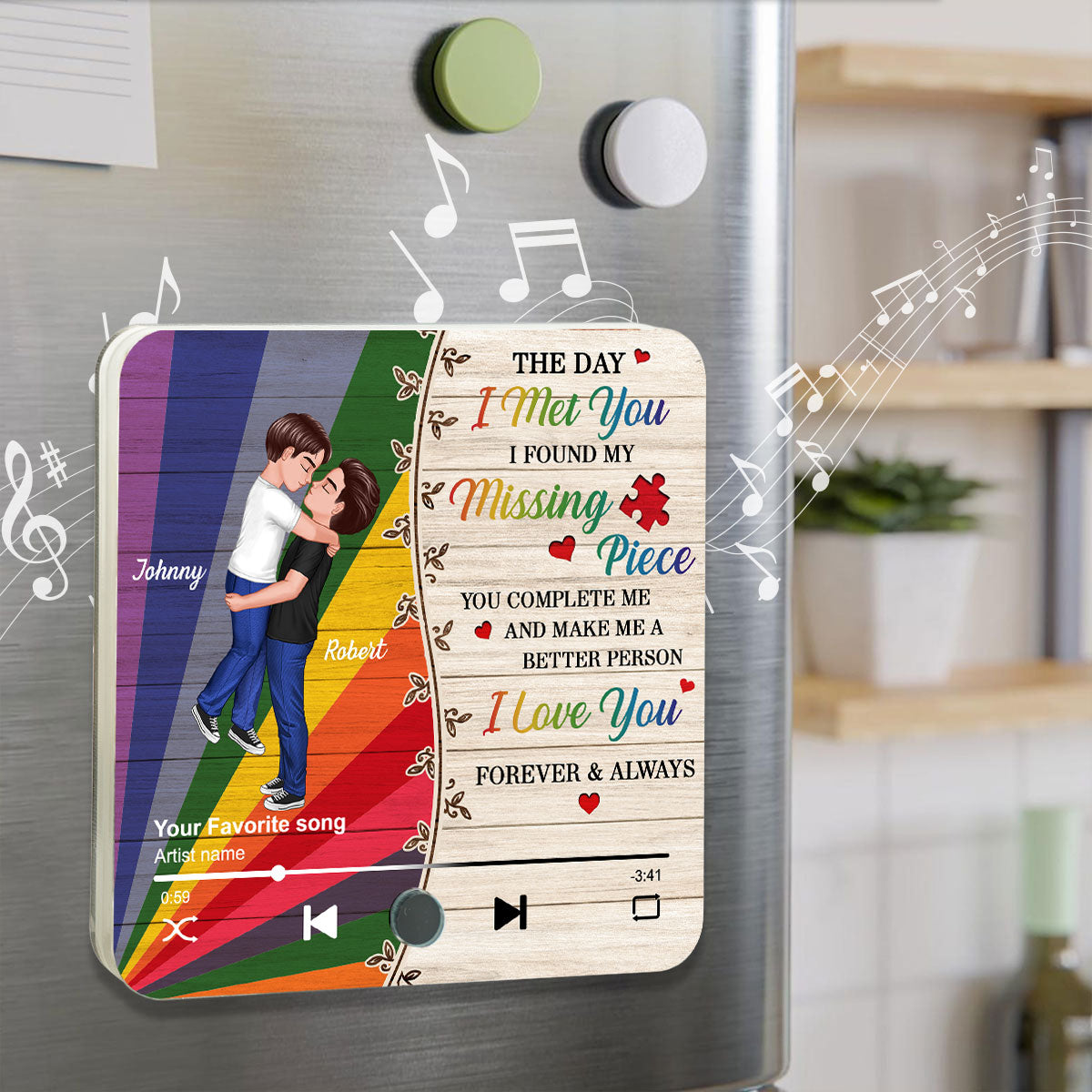 Colorful Wood Pallets The Day I Met You LGBTQ Couple Personalized Music Fridge Magnet, Pride Month Gift