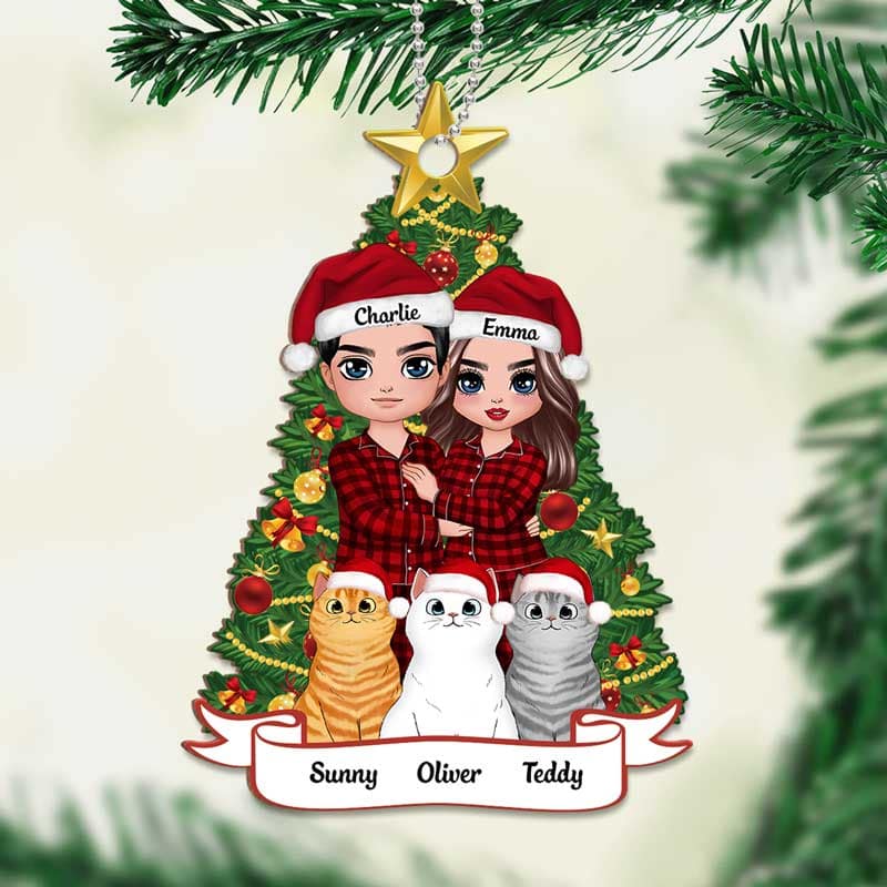 Pajamas Doll Couple Standing With Cats Personalized Wooden Ornament