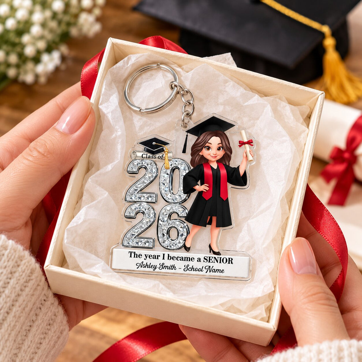 The Year I Became A Senior - Personalized Acrylic Keychain - Christmas Gift For Seniors, Daughter, Son, Granddaughters, Grandsons