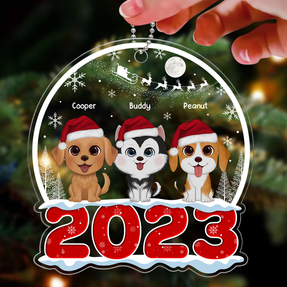 Watercolor Cute Dogs Cats Sitting On 2023 Christmas Sleigh Personalized Acrylic Ornament