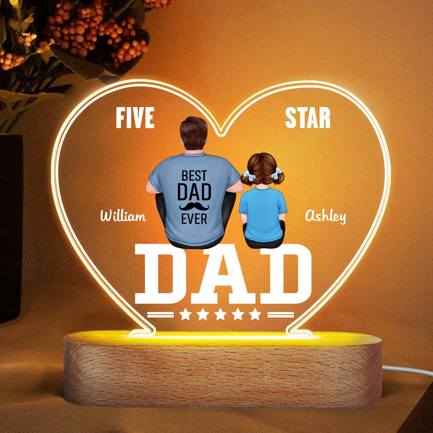 Five - Star Dad Back View Dad And Kids Personalized Acrylic Heart LED Night Light
