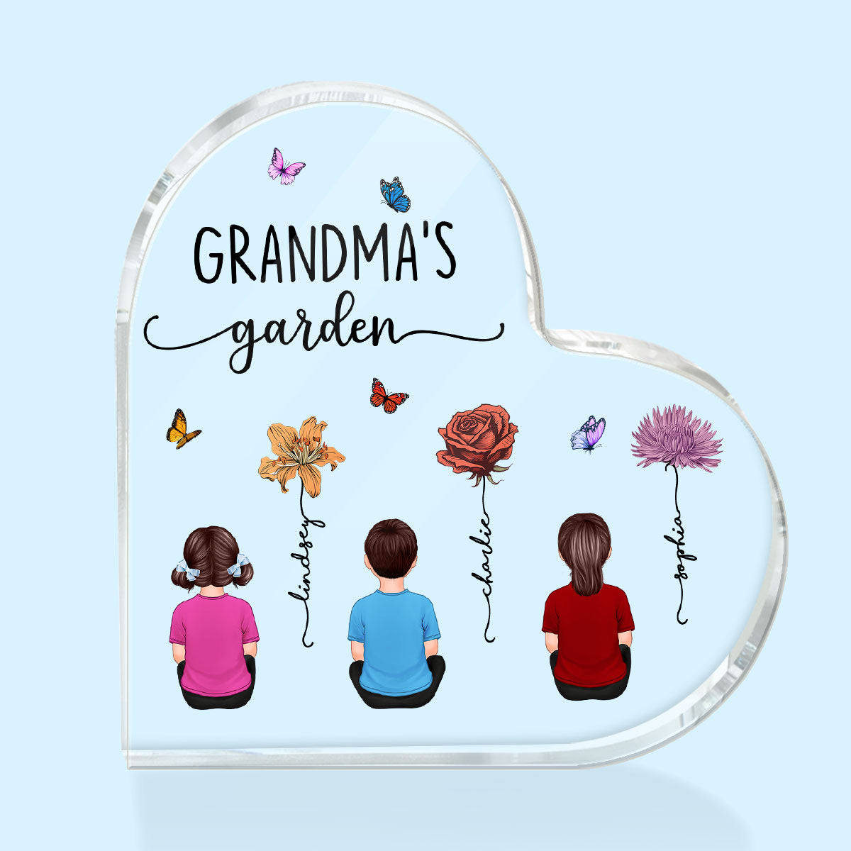 Grandkids Sitting Grandma Garden Vintage Birth Month Flowers Mother‘s Day Gift Personalized Heart Acrylic Block