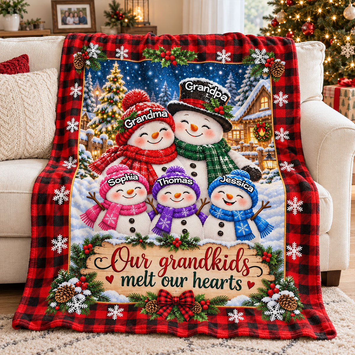 Cute Snowman Grandparents & Grandkids - Personalized Fleece Blanket - Christmas Gift For Grandparents