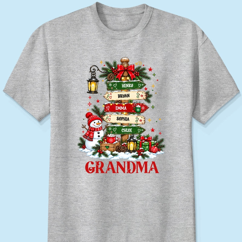 Heartwarming Christmas Signposts Custom Grandma Grandkids Names - Personalized Shirt - Christmas Gift For Grandma