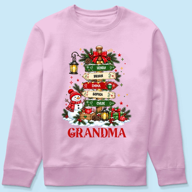 Heartwarming Christmas Signposts Custom Grandma Grandkids Names - Personalized Shirt - Christmas Gift For Grandma