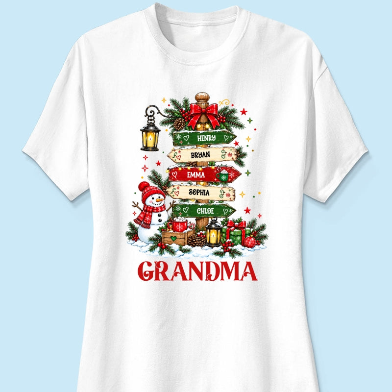 Heartwarming Christmas Signposts Custom Grandma Grandkids Names - Personalized Shirt - Christmas Gift For Grandma