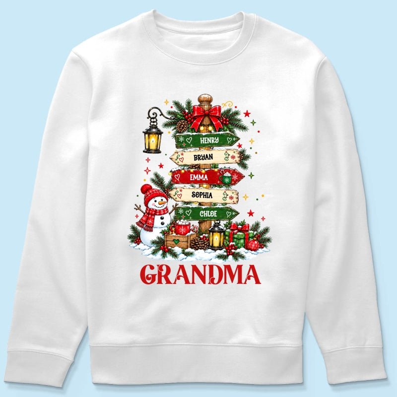 Heartwarming Christmas Signposts Custom Grandma Grandkids Names - Personalized Shirt - Christmas Gift For Grandma