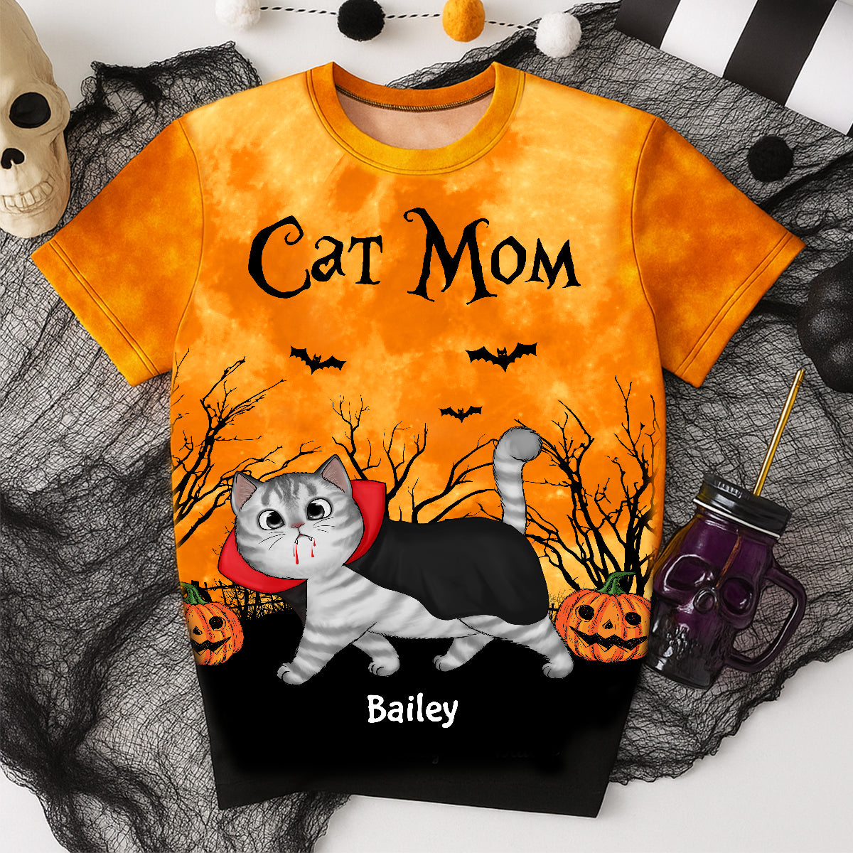 Cat Mom Halloween Moon Light Bat Tree Walking Cat Personalized Shirt, Purrfect Costume for Cat Lover