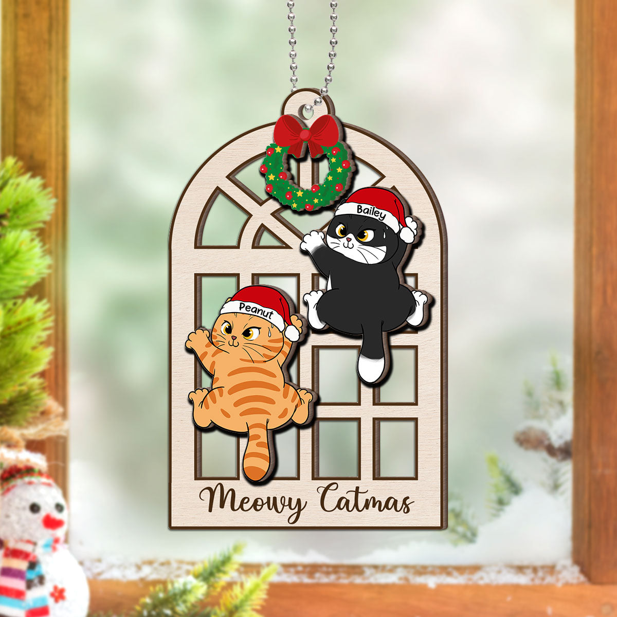 Meowy Catmas Cats Climb Window Personalized 2-Layer Wooden Ornament