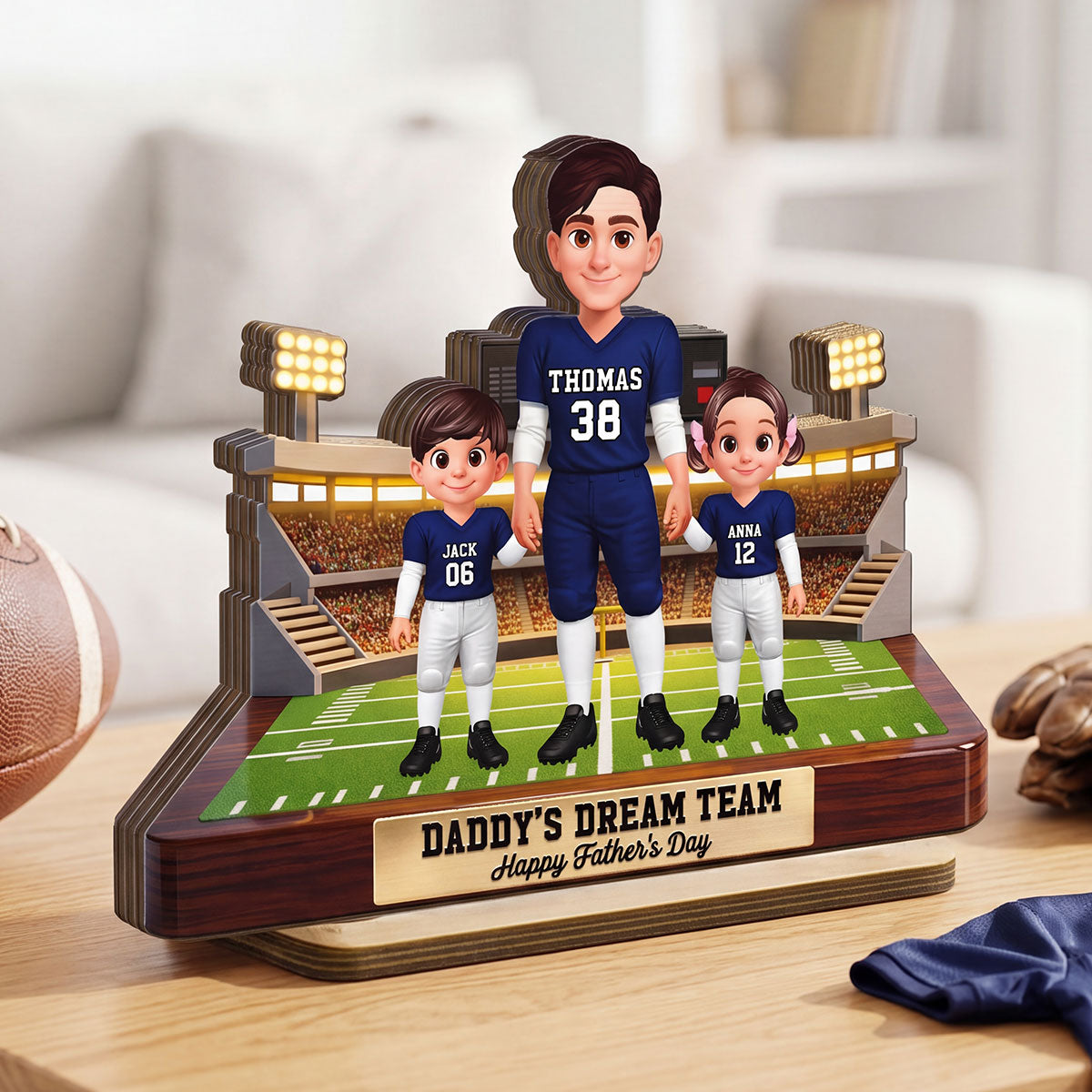 American Football Dad And Kids - Personalized 2-Layered Wooden Plaque -  Gift For Dad