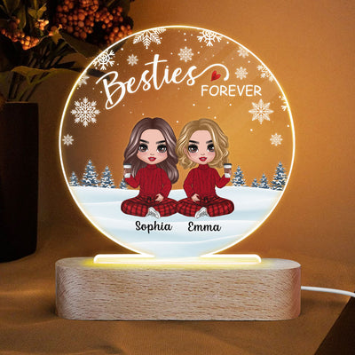 Doll Besties Sitting Snow Background Personalized Circle Acrylic Plaque LED Lamp Night Light