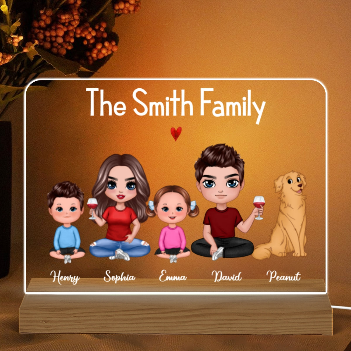 Whole Family Doll Couple Dad Mom Kids Dogs Cats Sitting Personalized Warm Custom Shape Acrylic Plaque LED Night Light