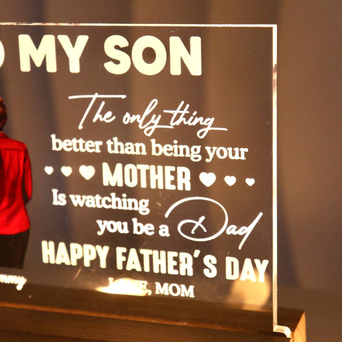 From Mom To Son Happy Father's Day Personalized Acrylic Warm LED Night Light, Heartfelt Gift For Son
