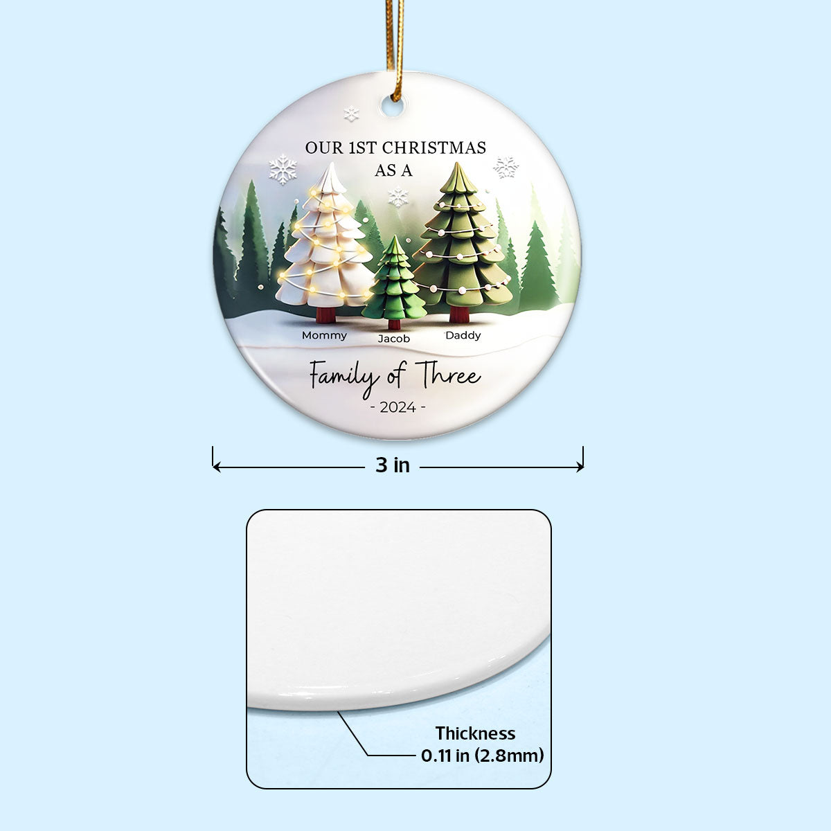 First Christmas As A Family Of 3, 3D Effect Personalized Ceramic Ornament, Christmas Gift For Newborn, New Mom, New Dad