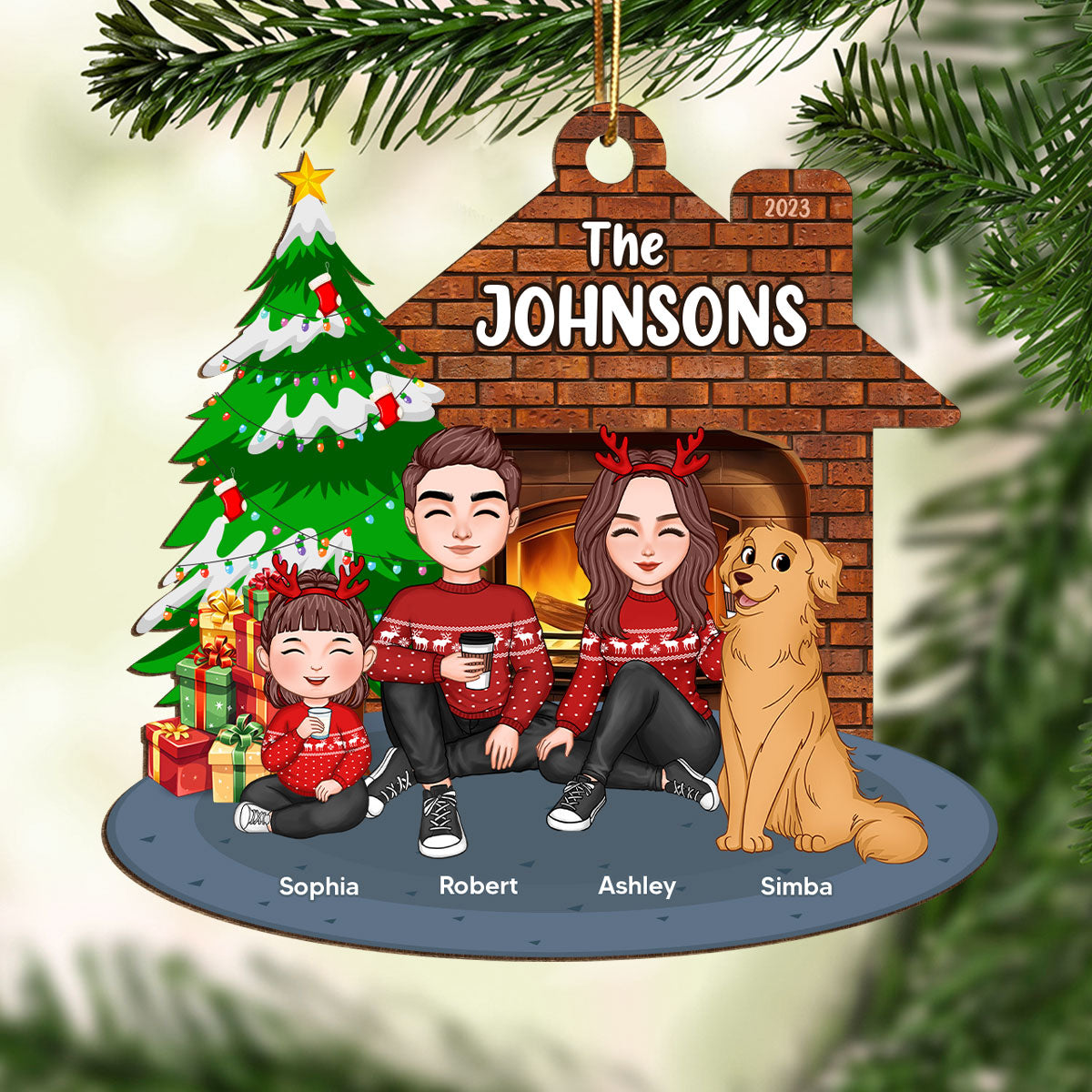 Whole Cute Family Dad Mom Kid Dog Cat By Christmas Tree In House Personalized Wooden Ornament