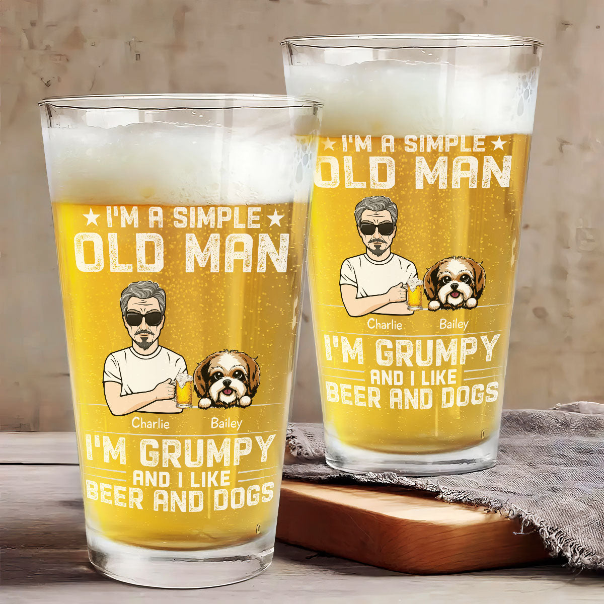 Simple Old Man Grumpy Like Dogs & Beer Dog Lover Beer Lover Gift Personalized Beer Glass