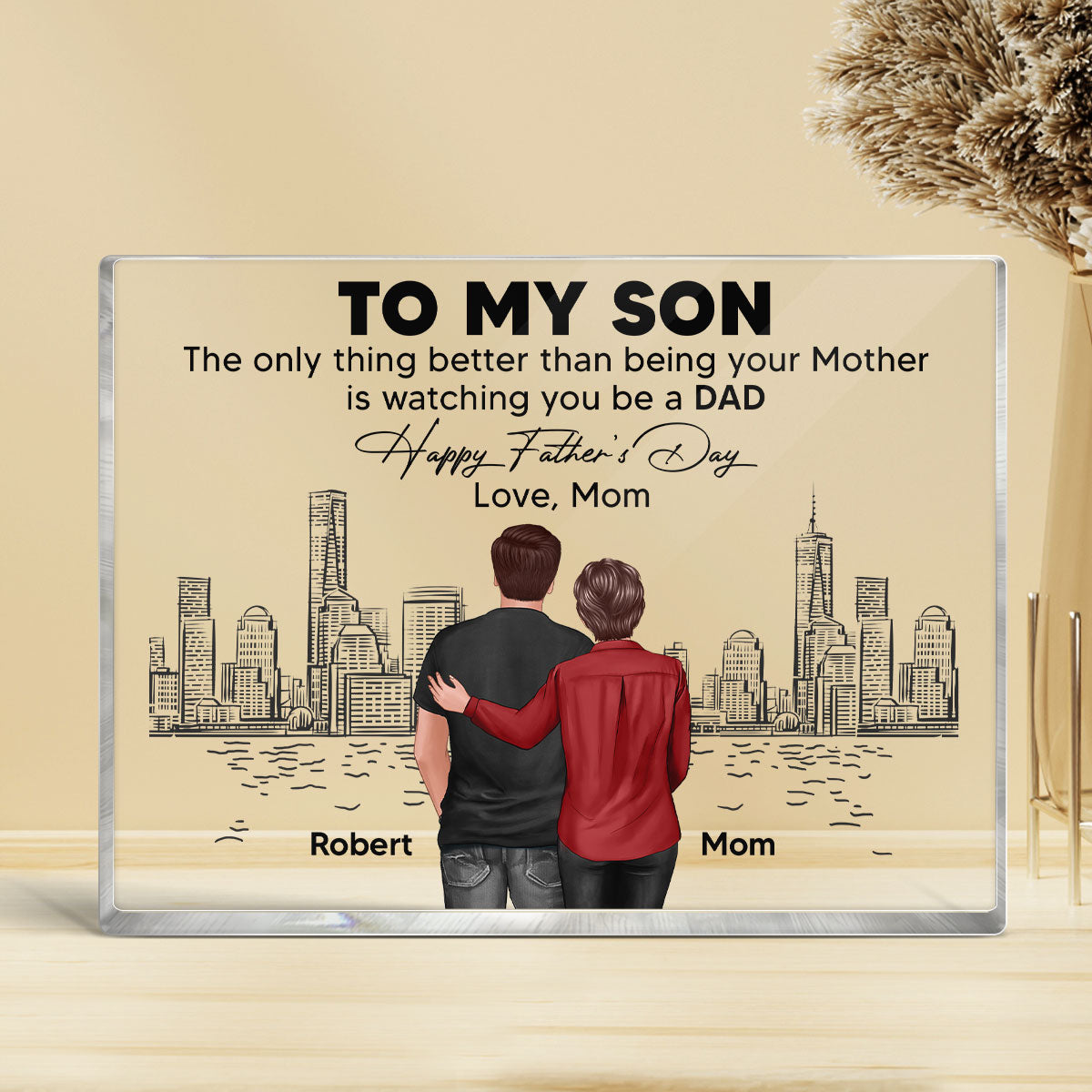 To My Son From Mom Happy Father's Day Skyline Personalized Rectangle Acrylic Block Plaque