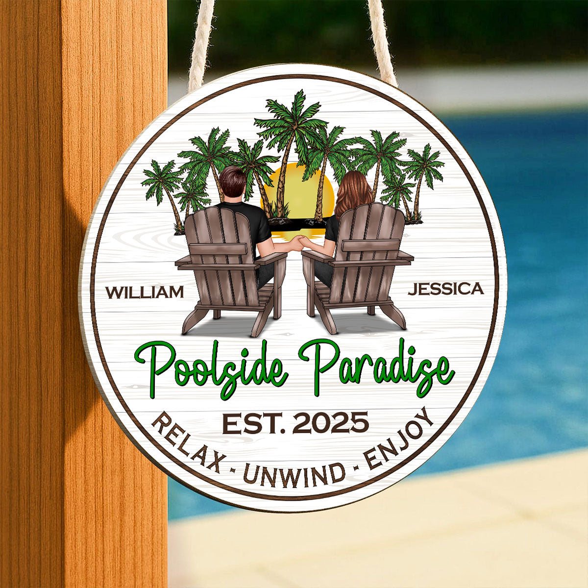 Summer Couple Retro Vintage Poolside Paradise Personalized Wood Sign