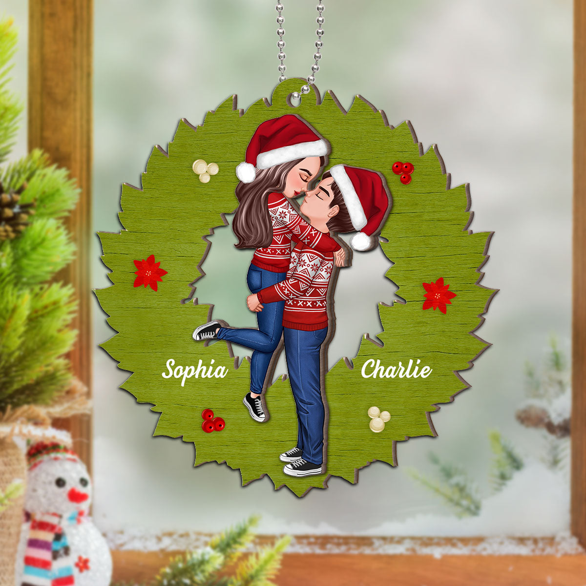 Wreath Christmas Couple Kissing Personalized 2-Layer Wooden Ornament