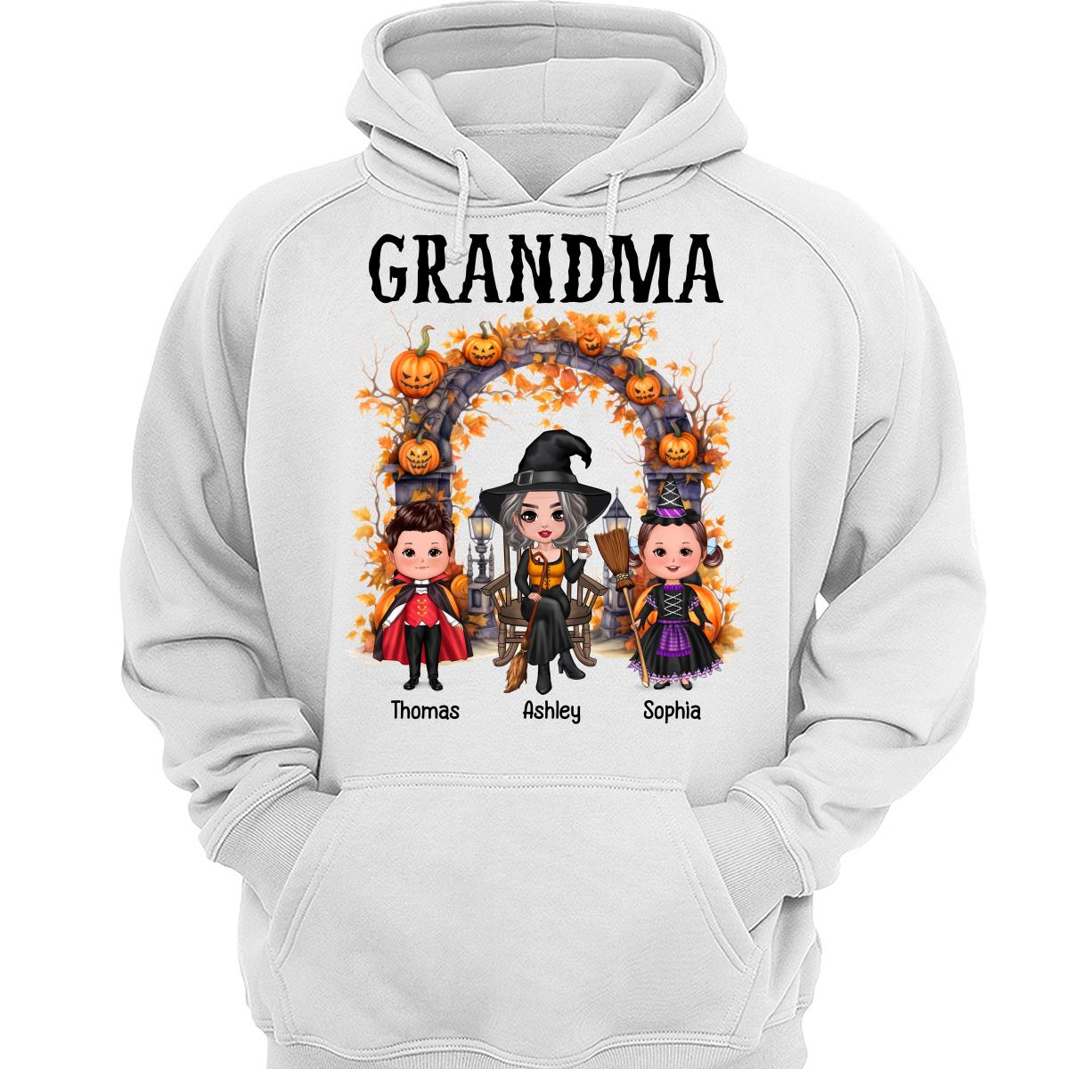 Halloween Grandma Grandkids Pumpkins At Cemetery Personalized Shirt